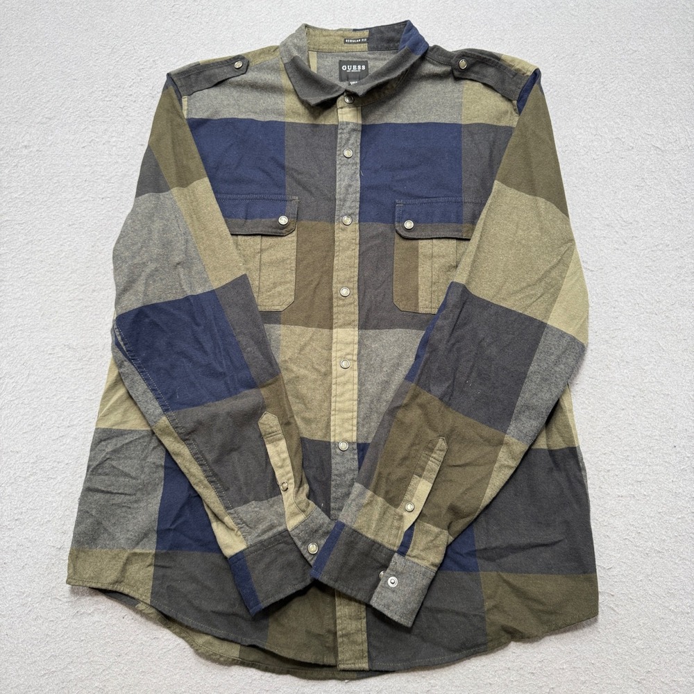GUESS Shirt Men's Large Green Plaid Regular Fit Long Sleeve Button Down Western